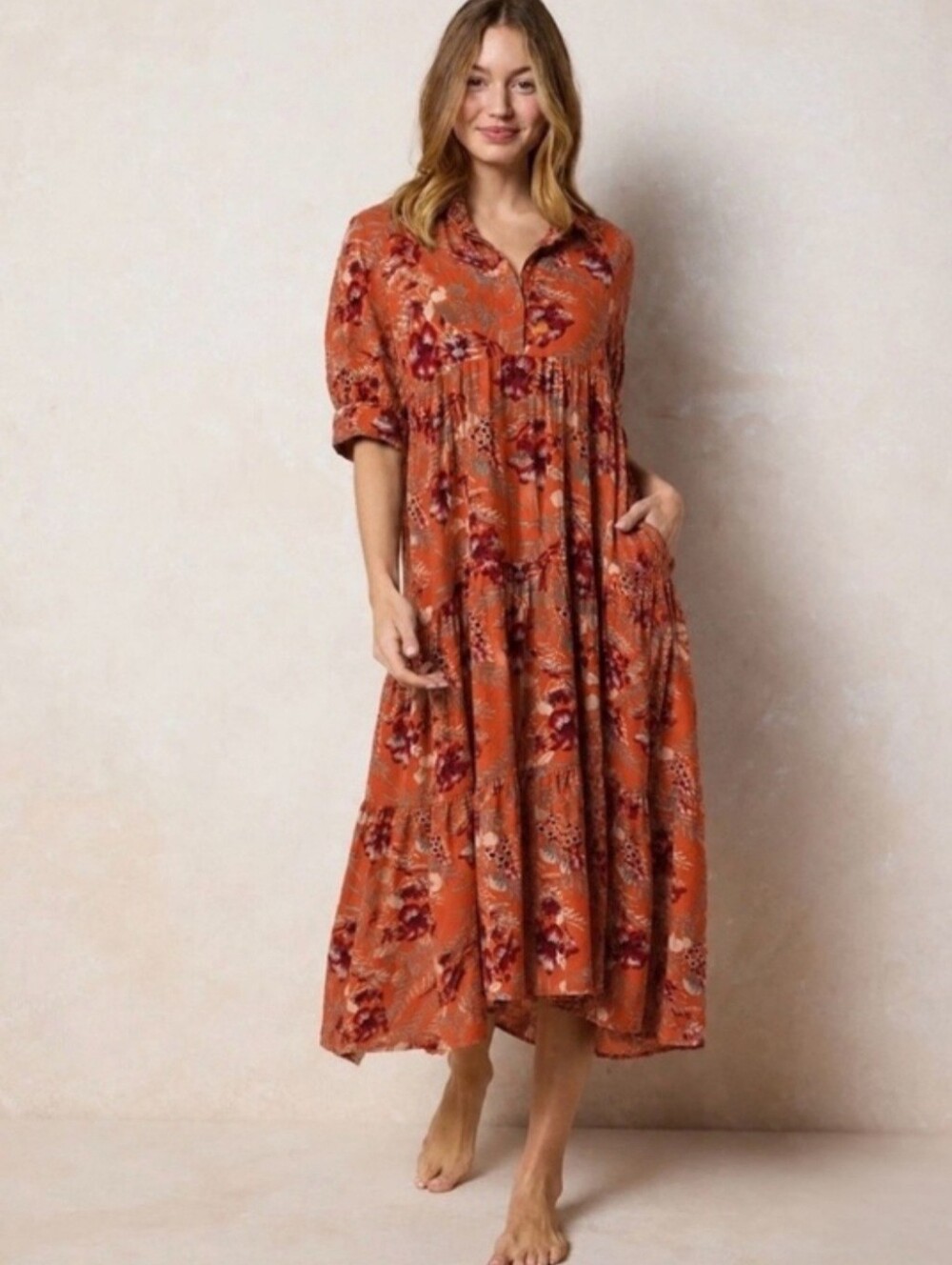 Natural Life Rebecca Floral Tropical Tiered Boho Maxi Dress Rust Orange Fall XS
